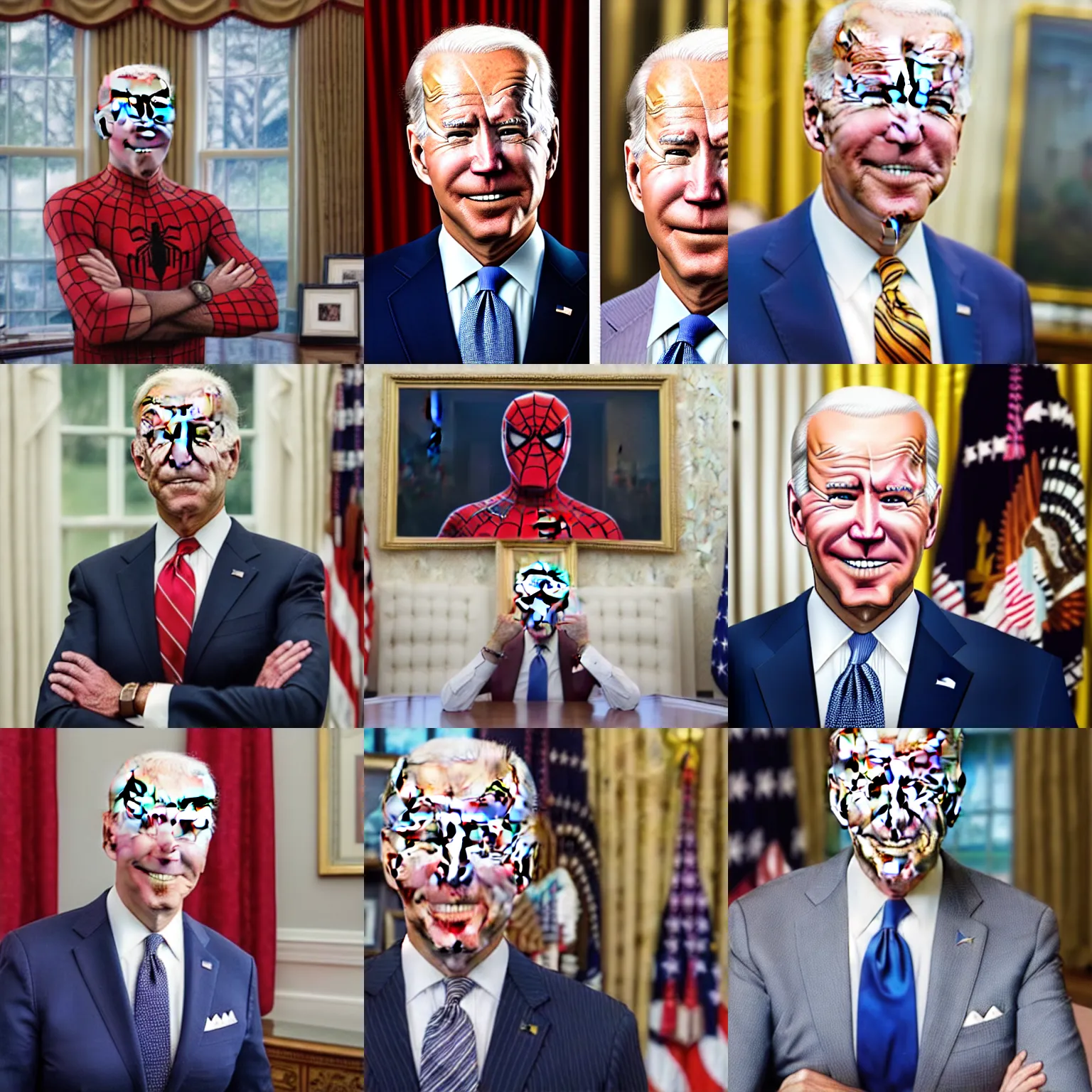 Prompt: professional head shot of profile joe biden wearing spiderman pajamas and standing in the oval office, very detailed, very intricate, detailed face,