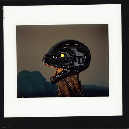 Prompt: polaroid photo of cyborg velociraptor with helmet on his head made of black onyx, huge mountains on the background