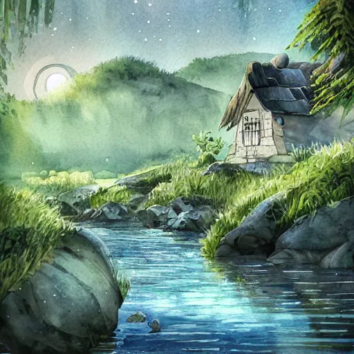 Image similar to beautiful happy picturesque charming sci - fi organic homes in a beautiful natural scene. water, trees and rocks. beautiful light. grainy and rough. soft colour scheme. beautiful artistic detailed watercolor by lurid. ( 2 0 2 2 )