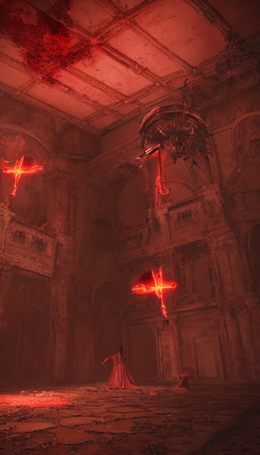 Prompt: demonic female creatures battle astaroth in an abandoned church in the vatican, 8 k, soft lighting, hdr, octane render, cinematic, red fluid on walls of the church, smoke, photorealistic, bokeh