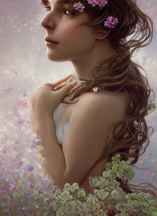 Prompt: realistic photographic perfect portrait of a anthropomorphic hydrangea blossom, fantasy, wind blowing hair, intricate, elegant, highly detailed, digital painting, artstation, concept art, smooth, super sharp focus, illustration, art by artgerm and h r giger and alphonse mucha