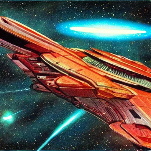 Prompt: starship destroyed by laser beam shot by another starship, 1 9 8 0 s concept art, vintage, high saturation colors, high quality, hand drawn