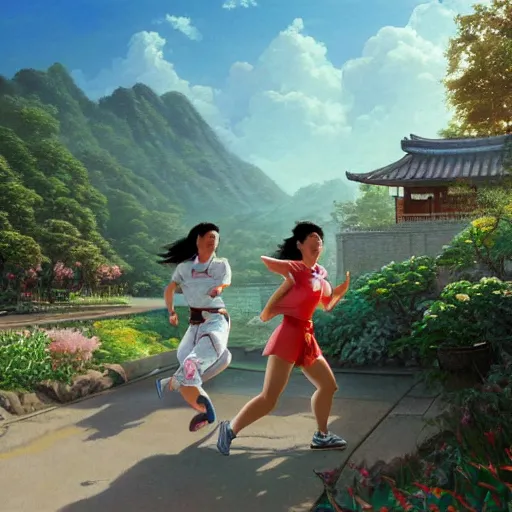 Prompt: portrait of a north korean woman running, an oil painting by ross tran and thomas kincade, studio ghibli