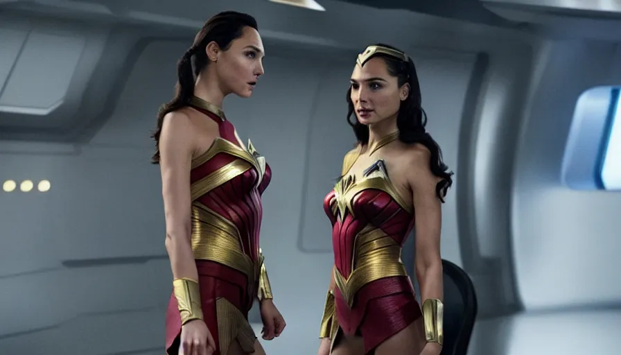 Image similar to Gal Gadot, in full starfleet uniform, is the captain of the starship Enterprise in the new Star Trek movie