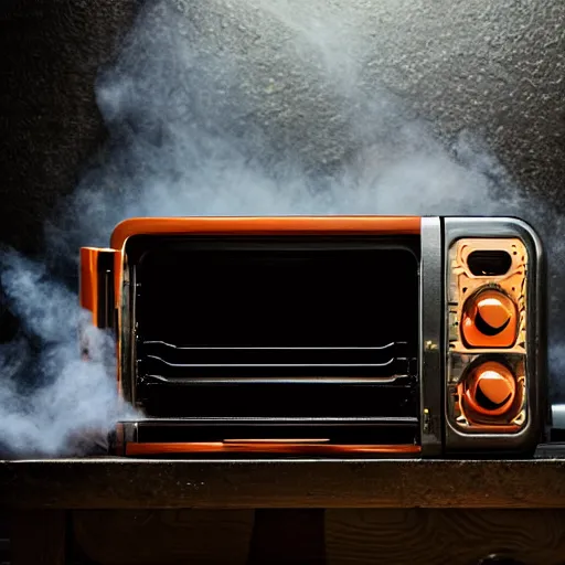 Image similar to head of toaster oven mecha, dark messy smoke - filled cluttered workshop, dark, dramatic lighting, orange tint, cinematic, highly detailed, sci - fi, futuristic, movie still