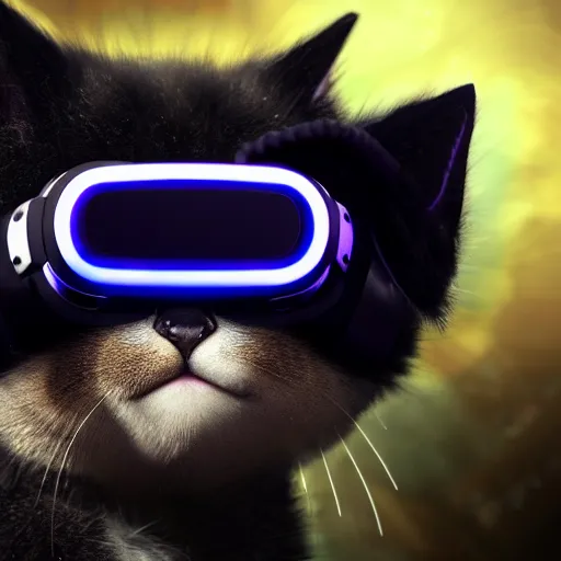 Image similar to crypto trading lyoki kitten from the future, wearing a cool vr headset 8 k hyperrealistic, trending on artstation