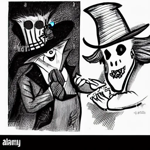 Image similar to a Pop Wonder scary horror themed goofy-hilarious-character Mad-Hatter-wearing a scarf, 3-piece-suit, dime-store-comic drawn with charcoal and pen and ink, half-tone-line-stacking