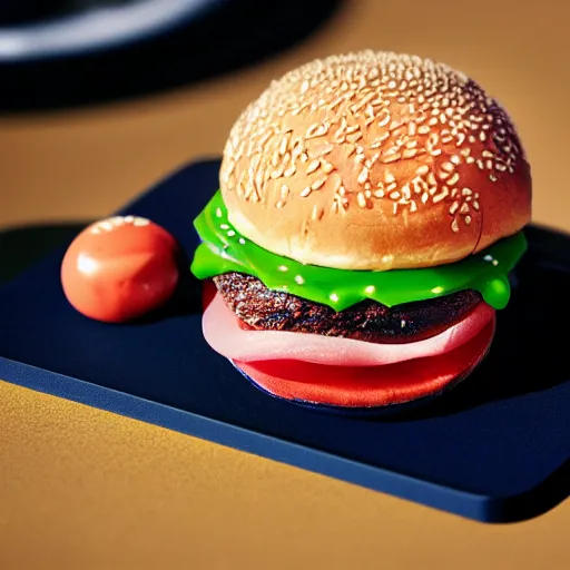 Image similar to hamburger made out of chewing gum with cheese running down bun, hyper realistic, award winning food photography