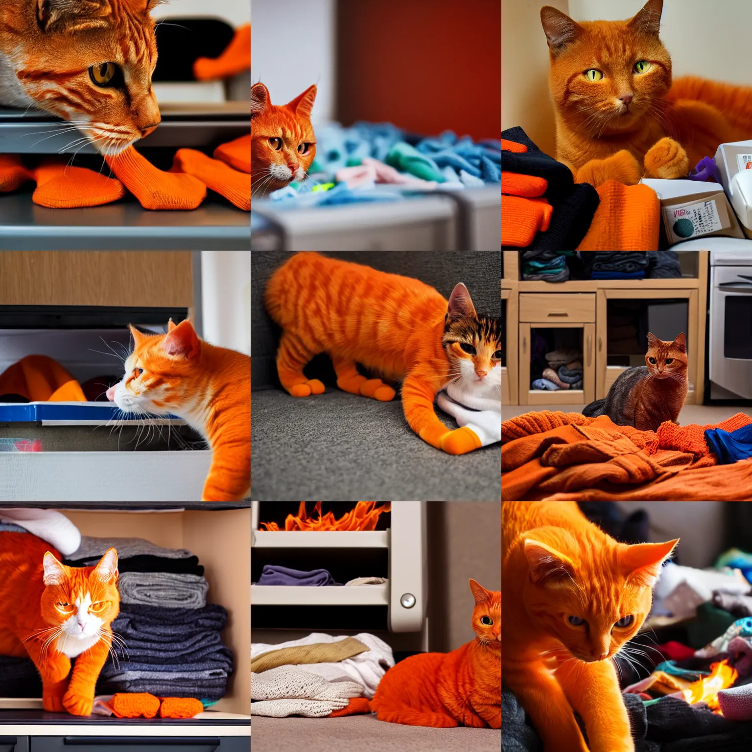 Prompt: An orange cat staring at a drawer filled with socks on fire, high-resolution photo