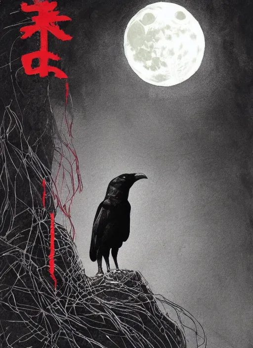 Image similar to portrait, A crow in front of the full big moon, book cover, red white and black colors, establishing shot, extremly high detail, foto realistic, cinematic lighting, pen and ink, intricate line drawings, by Yoshitaka Amano, Ruan Jia, Kentaro Miura, Artgerm, post processed, concept art, artstation, matte painting, style by eddie mendoza, raphael lacoste, alex ross