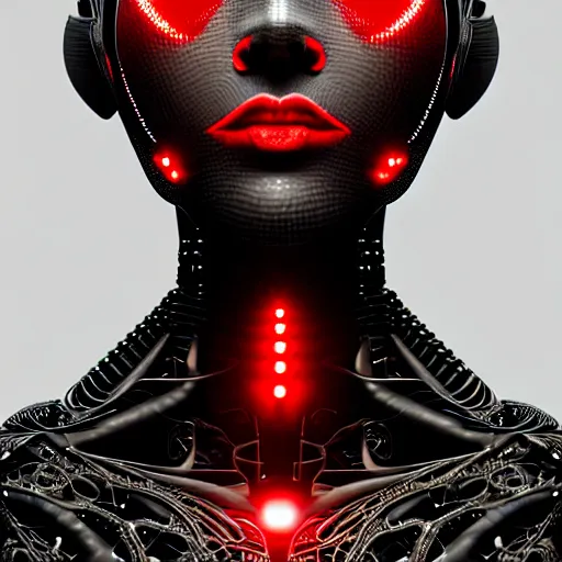 Image similar to ultra realist intricate detailed digital art of a single attractive cyborg female, red sky, full figure in dress, curvy, black scales on face and cyborg tech, symmetry accurate features, very intricate details, focus, high resolution, 4k, photo realistic, artstyle Alex Ries and Hiraku Tanaka, award winning