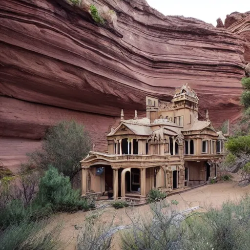 Image similar to a large, victorian mansion covered in sand in a canyon.