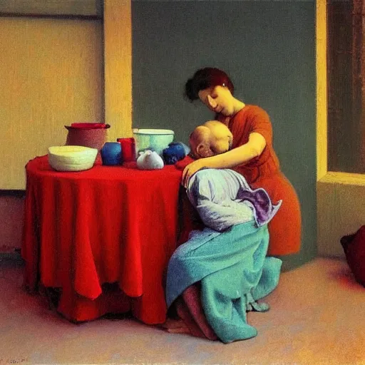 Image similar to A beautiful performance art harmony of colors, simple but powerful composition. A scene of peaceful domesticity, with a mother and child in the center, surrounded by a few simple objects. Colors are muted and calming, serenity and calm. ensō, scarlet by Ilya Repin, by Ron Mueck harrowing