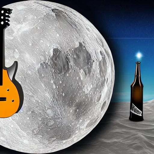Prompt: detailed realistic idle regular sized electric guitar and a detailed realistic idle regular sized beer can on the moon surface. detailed photo
