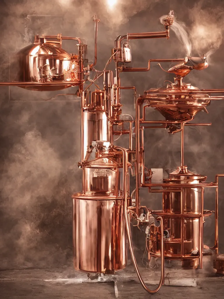Image similar to microwave powered cognac distilling pot, copper metallic, electric, detailed, slightly steamy, commercial photo, 2 - point perspective, spot lighting