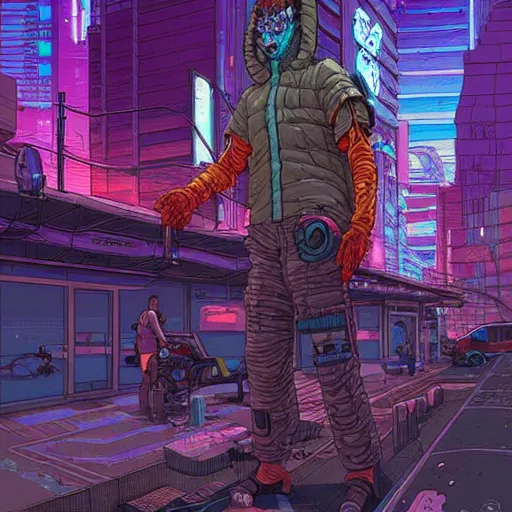 Image similar to A cyberpunk fish cyborg eats on the street of a cyberpunk city art by Josan Gonzalez, sci-fi, highly detailed, digital painting, artstation, smooth, sharp focus, illustration, concept art by Josan Gonzalez and James Gurney and Mœbius