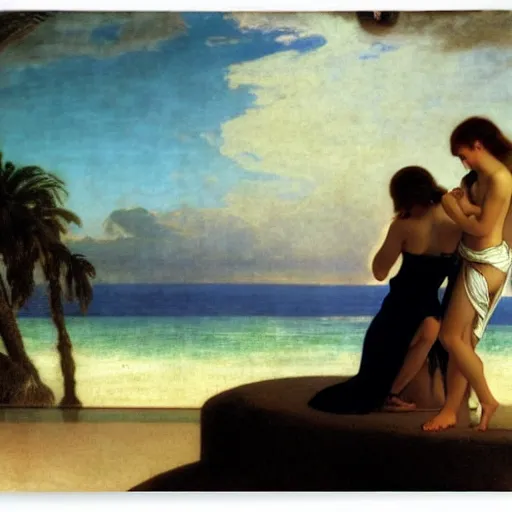 Image similar to Silhouette of two girls at the palace, thunderstorm, greek pool, beach and palm trees on the background major arcana sky, by paul delaroche, alphonse mucha and arnold böcklin arnold böcklin hyperrealistic 8k, very detailed