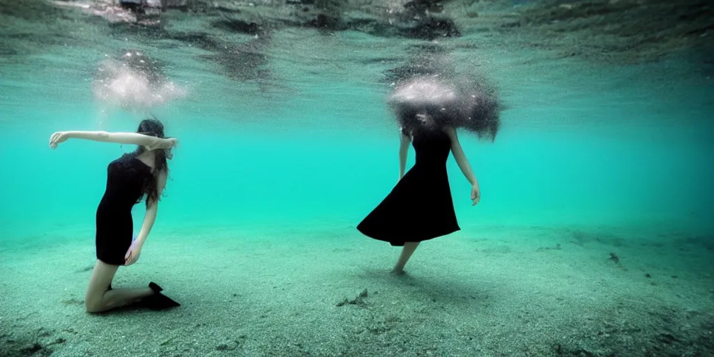 Image similar to deep underwater photography of beautiful model in flat dress by emmanuel lubezki