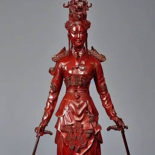 Prompt: museum angeline joile portrait statue monument made from chinese porcelain brush face hand painted with iron red dragons full - length very very detailed by rutkowski symmetrical well proportioned full - body