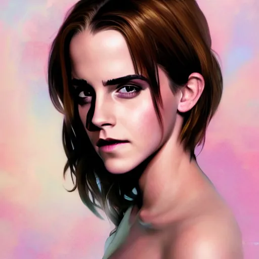 Prompt: emma watson concept portrait, iridescent shiny sheer lingerie, slim, curvaceous. detailed expression, high quality, very dark lighting, many shadows, high contrast, fantasy, reflective, spotlight. digital artwork by artgerm and wlop and alex ross and alphonse mucha, trending on artstation