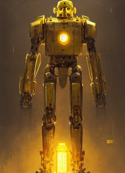 Prompt: human-sized strong intricate yellow pit droid, carrying longsword and big paladin shield, pancake head, exposed metal bones, painterly humanoid mecha, full body, sharp focus, cinematic, by Greg Rutkowski