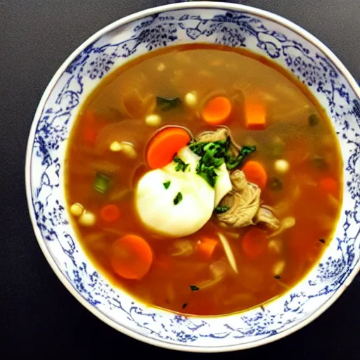 Image similar to a soup with teeth floating inside, food photography