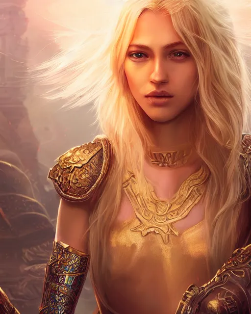 Prompt: Beautiful art portrait of a blond girl as a fantasy warrior in a bright temple, atmospheric lighting, intricate detail, cgsociety, hyperrealistic, octane render, RPG portrait, ambient light, dynamic lighting