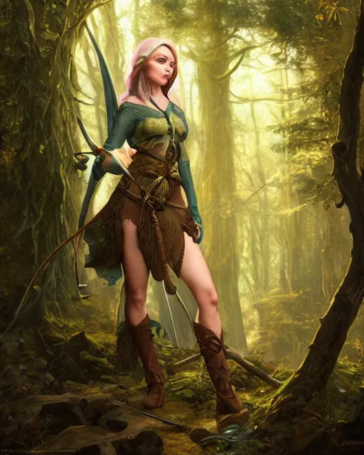 Prompt: a female elven hunter standing in a forest, intricate, highly detailed, digital painting, volumetric light, artstation, concept art, smooth, sharp focus, illustration, art by Gil Elvgren and Greg Rutkowski and Alphonse Mucha, 8K