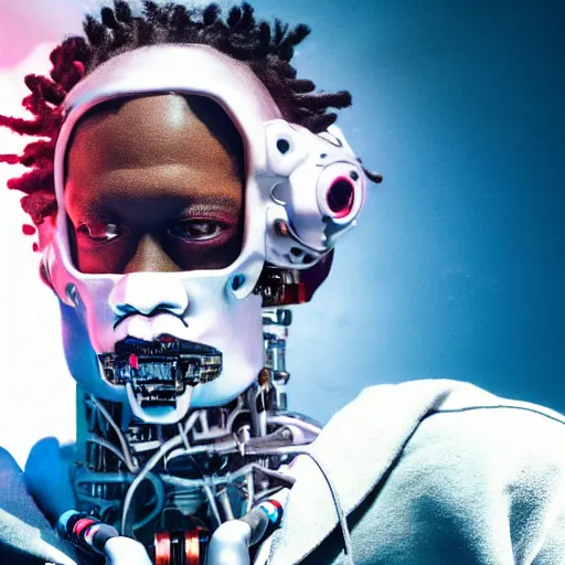 Image similar to a cinematic film still of rapper unotheactivist as a cybernetic cyborg, cgi, surrealism, film photography