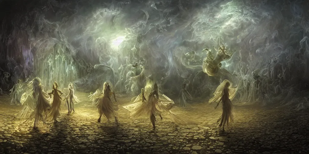 Image similar to concept art of translucent glowing fairies dancing, lovecraftian, renaissance, melting, round moon, rich clouds, fighting the horrors of the unknown, very detailed, volumetric light, mist, fine art, decaying, textured oil over canvas, epic fantasy art, very colorful, ornate intricate scales