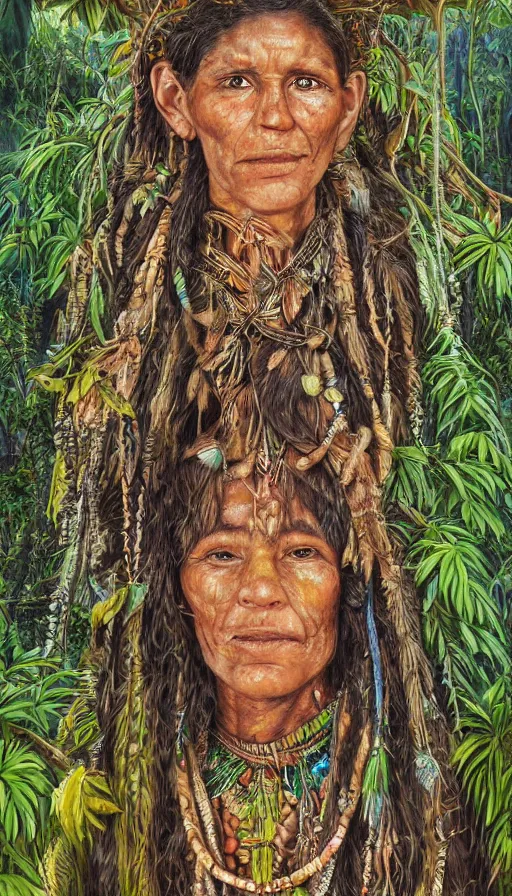 Image similar to a beautiful portrait of an amazonian shaman healer sitting in the jungle, doing a prayer, ayahuasca, high detail painting, fantasy art, highly detailed, realistic face, only one face, starry sky, canopee