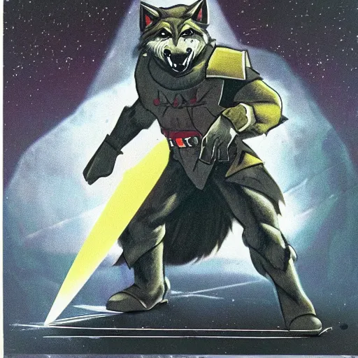 Image similar to 1 9 8 0 s video game art of anthropomorphic wolf o'donnell from starfox fursona furry wolf in a dark space mercenary uniform, looking heroic, magazine scan, 8 0 s game box art, dark grey wolf o'donnell