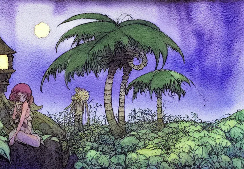 Image similar to a simple watercolor fantasy concept art of a dark grey cube next to a palm tree at night. by studio ghibli, rebecca guay, michael kaluta, charles vess