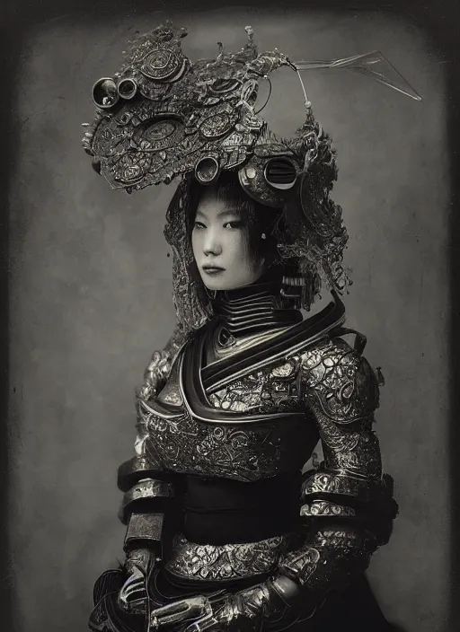 Prompt: old wetplate daguerreotype portrait of a futuristic silver armored geisha cyborg, fractal, intricate, elegant, highly detailed, parallax, leica, medium format, subsurface scattering, by jheronimus bosch and greg rutkowski and louis jacques mande daguerre