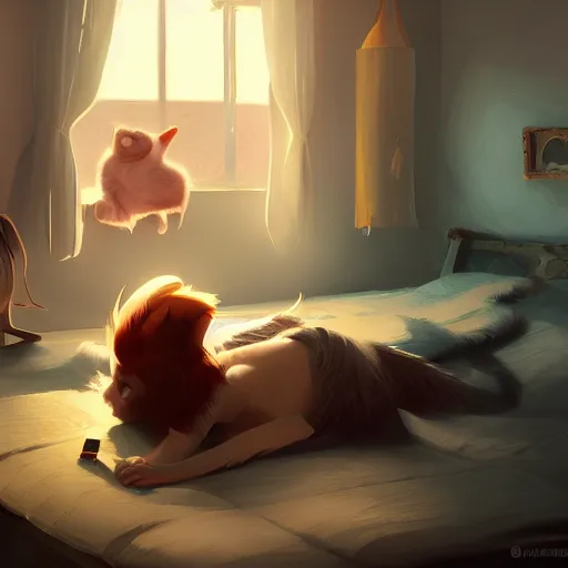 Image similar to a girl is lying on the bed and playing with her mobile phone, a ragdoll cat is lying on the side, characterized by roman shipunov, etienne hebinger, atey ghailan, cgsociety, fantasy art, 2 d game art