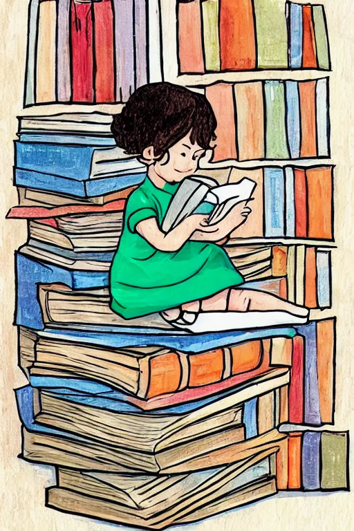 Prompt: a little girl sits cross legged on top of a tall pile of books. she is reading. clean pretty cartoon painting, 2 d, flat colors, beautiful detailed face.