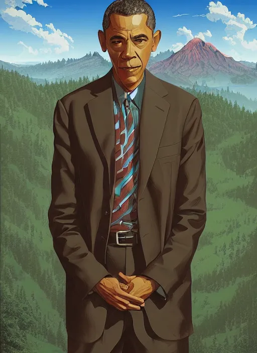 Prompt: Twin Peaks poster artwork by Michael Whelan and Tomer Hanuka, Rendering of portrait of Barack Obama, full of details, by Makoto Shinkai and thomas kinkade, Matte painting, trending on artstation and unreal engine