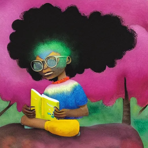 Image similar to a black girl with a colorful afro and big colorful eyes reading a book in the forest, bright colours, bokeh!!, watercolor, volumetric wool felting, macro photography, children illustration, by goro fujita