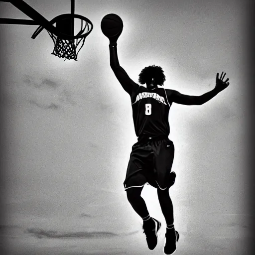 Image similar to caparezza dunking a basketball, phone photo, outside, small basketball field, daylight, artistic composition, realistic