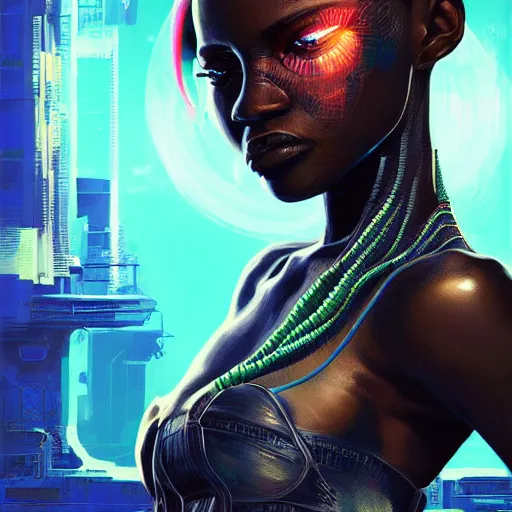 Prompt: african hydropunk bounty hunter, science fiction, highly detailed, digital painting, beautiful eyes, symmetry, concept art, sharp focus, illustration, global illumination, radiant light, synthwave colors, detailed and intricate environment, art by artgerm and greg rutkowski and magali villeneuve and ilya kuvshinov!