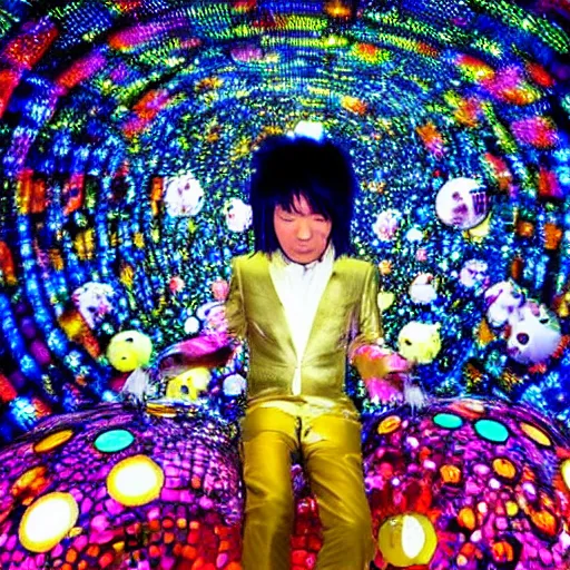 Prompt: futuristic japanese funk bass player in a field of disco balls in outer space, by takashi murakami, by james gurney