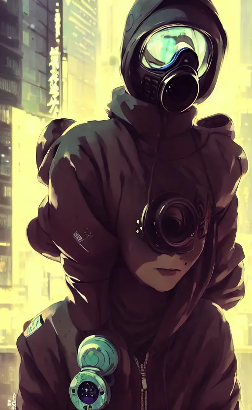 Image similar to cyberpunk anime girl in hoodie, cyberpunk gas mask, 3 / 4 shot, street night, grafity, beautiful face, grafity, arcane, action, tokyo street, detail, good face, pose model, concept art, in style of yoji shinkawa, pan ren wei, col price, atey ghailan, by greg rutkowski, aesthetic