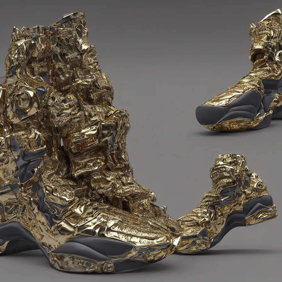 Image similar to futuristic balenciaga sneakers, nft art, highly detailed, hyper realistic, a ton of bussdown iced gold bling in wallace & gromit strata - cut claymation, ultra realistic, concept art, intricate details, serious, highly detailed, photorealistic, octane render, 8 k, unreal engine