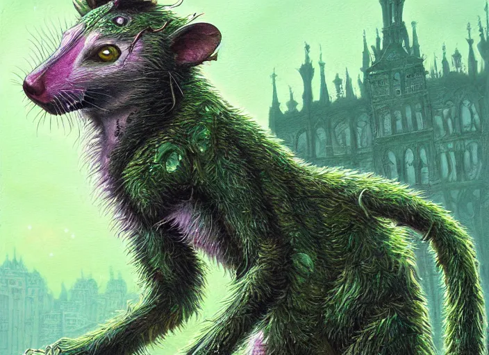 Image similar to full-body portrait of a anthro green zombie opossum fursona with long dark hair. Ruined stormy city. Glorious sun beams, intricate, elegant, highly detailed, digital painting, short focus, illustration, Allan Lee, John Howe