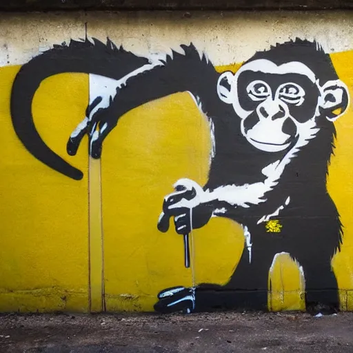 Image similar to monkey eats a banana, graffiti, photograph, made by banksy, yellow and brown colors, spray brush, midday, sunny, professional