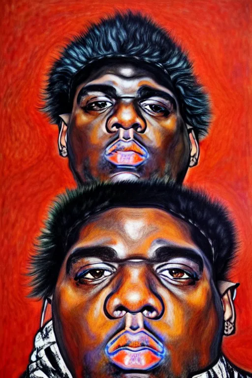 Image similar to full body!! a portrait of biggie smalls aka notorious b. i. g. wearing boho - chic style clothes, with a fur muffler and feathers, realistic painting in egon schiele style, masterpiece, hyperdetailed, complex, intricate, 4 k, hyperrealistic, trending on artstation