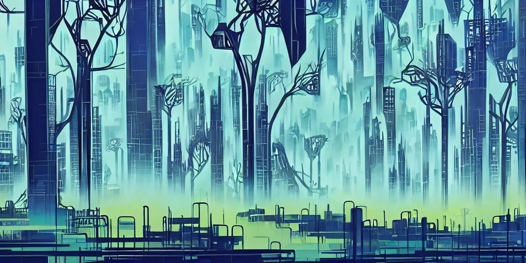 Prompt: futuristic city entangled with trees, gouache, animated film, stylised, illustration, by eyvind earle, scott wills, genndy tartakovski, syd mead