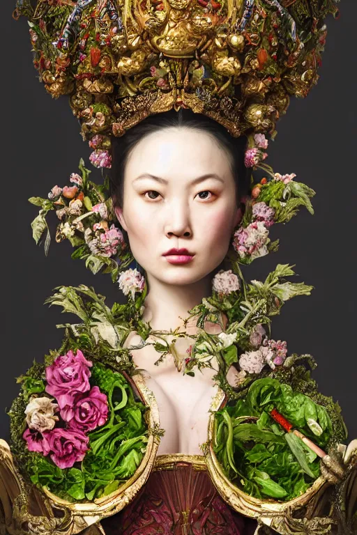 Image similar to a beautiful empress portrait, with a brilliant, impossible striking big salad headpiece, clothes entirely made out of salad, everything salad, symmetrical, dramatic studio lighting, rococo, baroque, greens, asian, hyperrealism, closeup, D&D, fantasy, intricate, elegant, highly detailed, digital painting, artstation, octane render, 8k, concept art, matte, sharp focus, illustration, art by Artgerm and Greg Rutkowski and Alphonse Mucha