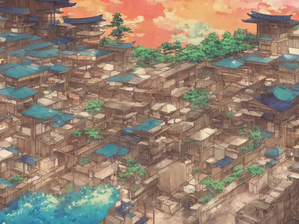 Image similar to Japanese onsen in anime style by makoto shinkai and studio ghibli, colorful, anime background