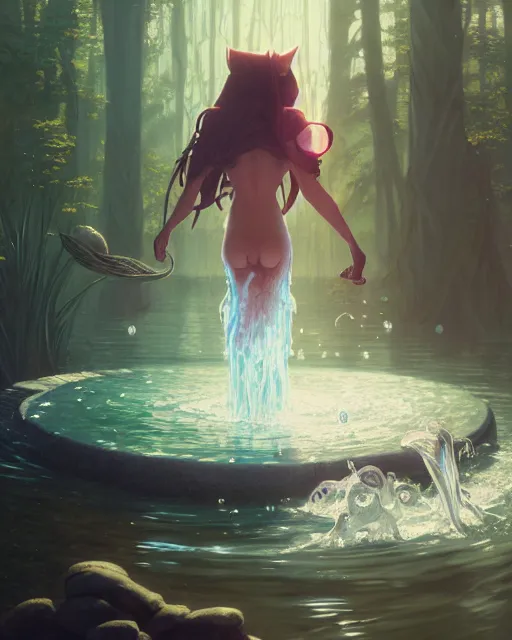 Image similar to highly detailed vfx portrait of a witch casting water magic, unreal engine, greg rutkowski, loish, rhads, beeple, makoto shinkai and lois van baarle, ilya kuvshinov, rossdraws, tom bagshaw, alphonse mucha, global illumination, detailed and intricate environment